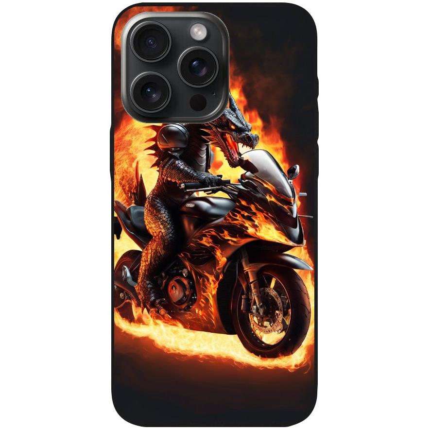 Handyhülle iPhone 15 Pro Max- Silikonhülle schwarz mit Motiv 24 Drache auf Motorrad - personalisierbar