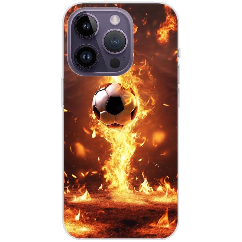 Handyhülle iPhone 14 Pro aus transparentem Silikon mit Motiv 37 Fußball in Feuer - personalisierbar