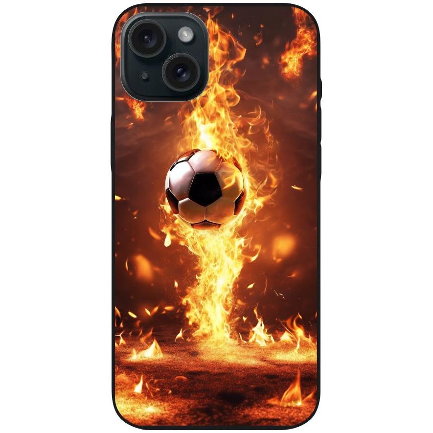 Handyhülle iPhone 15 Plus - Silikonhülle schwarz mit Motiv 37 Fußball in Feuer - personalisierbar