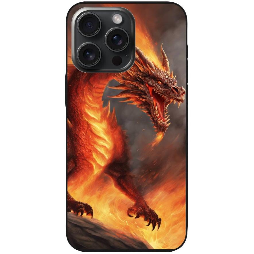 Handyhülle iPhone 15 Pro Max- Silikonhülle schwarz mit Motiv 5 Drache in Flammen - personalisierbar