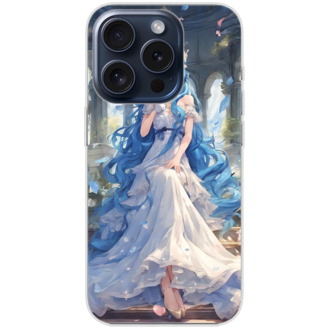 Handyhülle iPhone 15 Pro aus transparentem Silikon mit Motiv 34 Anime blaue lange Haare - personalisierbar