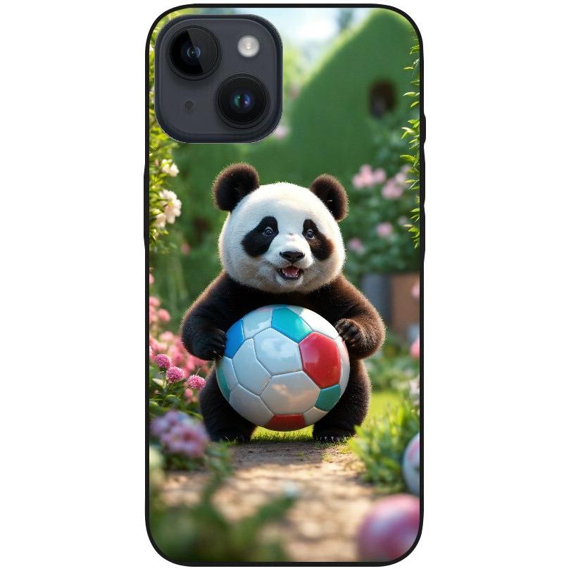 Hülle iPhone 14 - Silikonhülle schwarz mit Motiv 49 Panda animiert mit Bällen - personalisierbar