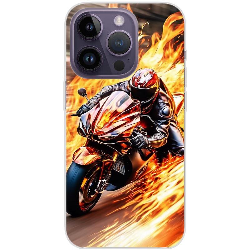 Handyhülle iPhone 14 Pro aus transparentem Silikon mit Motiv 14 Motorradfahrer in Flammen - personalisierbar