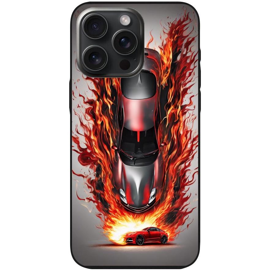 Handyhülle iPhone 15 Pro Max- Silikonhülle schwarz mit Motiv 27 Auto animiert in Flammen - personalisierbar