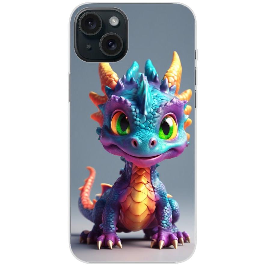 Handyhülle iPhone 15 Plus aus transparentem Silikon mit Motiv 21 bunter Baby Drache - personalisierbar