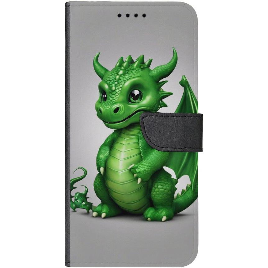 iPhone 15 Pro Handyhülle aus Kunstleder mit Lasche Motiv 3 grüner Baby Drache - personalisierbar
