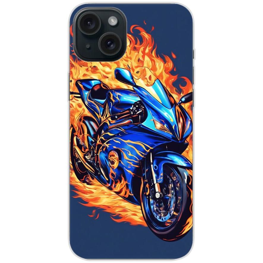 Handyhülle iPhone 15 Plus aus transparentem Silikon mit Motiv 2 Motorrad in Flammen - personalisierbar