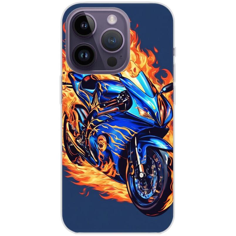 Handyhülle iPhone 14 Pro aus transparentem Silikon mit Motiv 2 Motorrad in Flammen - personalisierbar