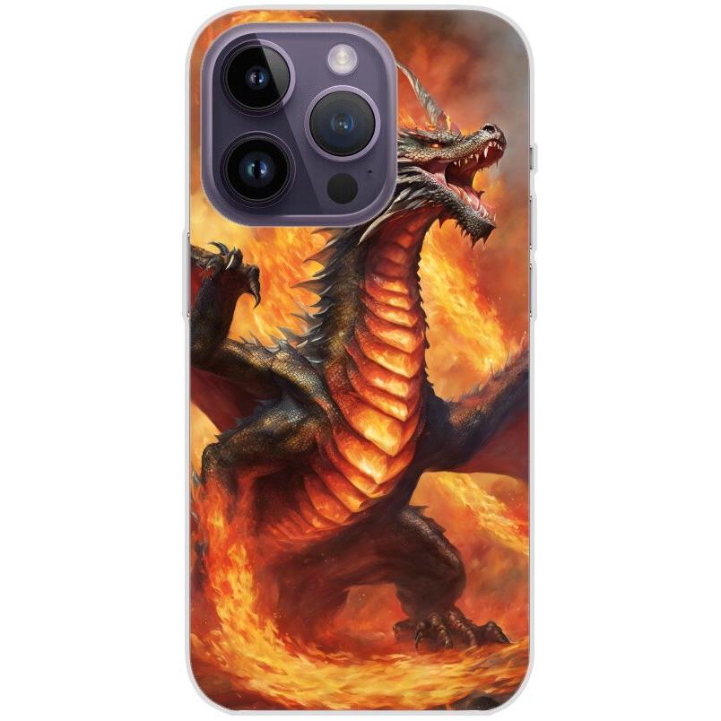 Handyhülle iPhone 14 Pro aus transparentem Silikon mit Motiv 12 Drache in Flammen - personalisierbar