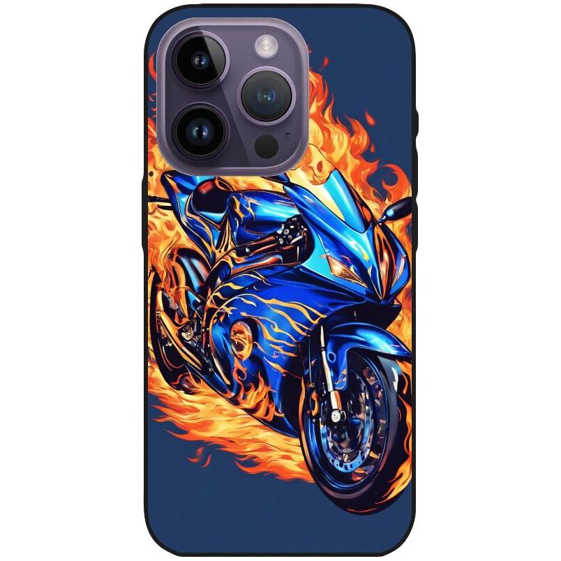 Hülle iPhone 14 Pro - Silikonhülle schwarz mit Motiv 2 Motorrad in Flammen - personalisierbar