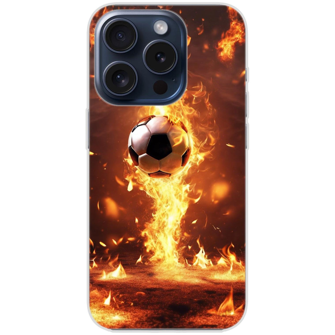 Handyhülle iPhone 15 Pro aus transparentem Silikon mit Motiv 37 Fußball in Feuer - personalisierbar