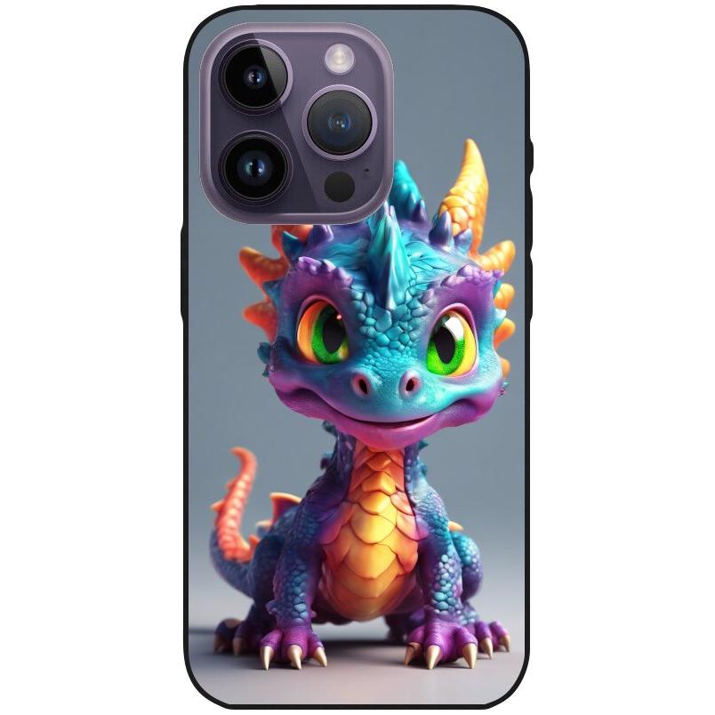 Hülle iPhone 14 Pro - Silikonhülle schwarz mit Motiv 21 bunter Baby Drache - personalisierbar