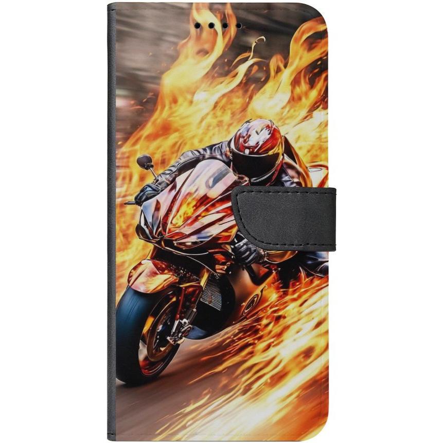 iPhone 14 Pro Handyhülle aus Kunstleder mit Lasche Motiv 14 Motorradfahrer in Flammen - personalisierbar