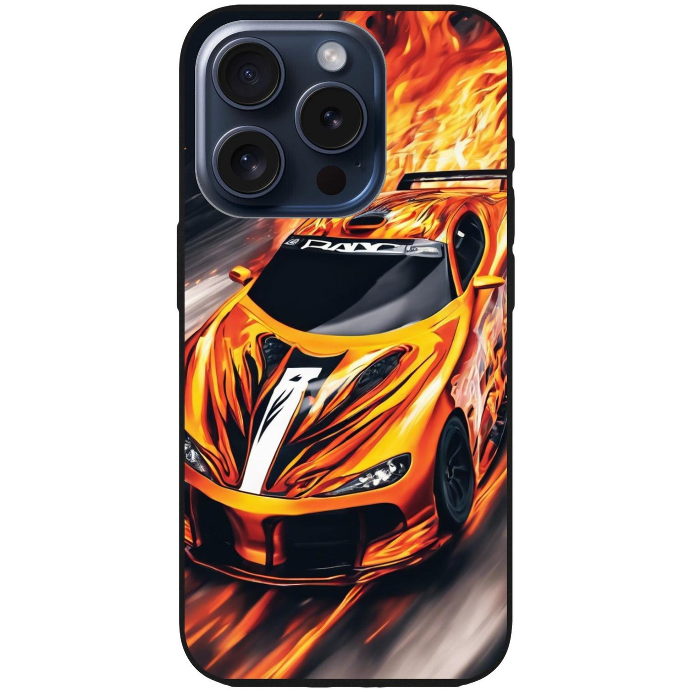 Handyhülle iPhone 15 Pro - Silikonhülle schwarz mit Motiv 47 Sportwagen in Flammen - personalisierbar