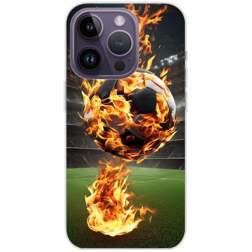 Handyhülle iPhone 14 Pro aus transparentem Silikon mit Motiv 38 Fußball in Flammen - personalisierbar