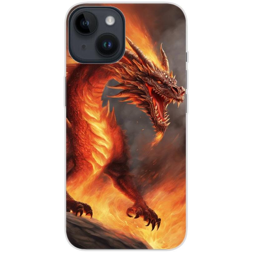 Handyhülle iPhone 14 aus transparentem Silikon mit Motiv 5 Drache in Flammen - personalisierbar