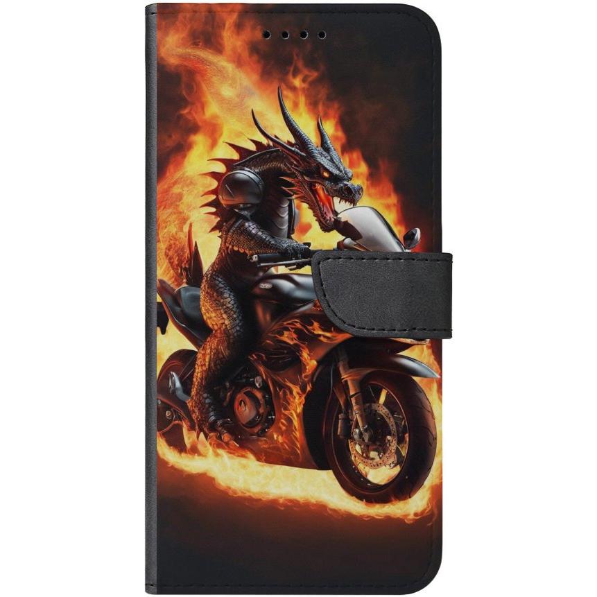 iPhone 14 Plus Handyhülle aus Kunstleder mit Lasche Motiv 24 Drache auf Motorrad - personalisierbar