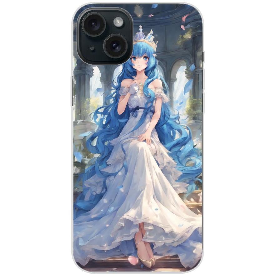 Handyhülle iPhone 15 Plus aus transparentem Silikon mit Motiv 34 Anime blaue lange Haare - personalisierbar