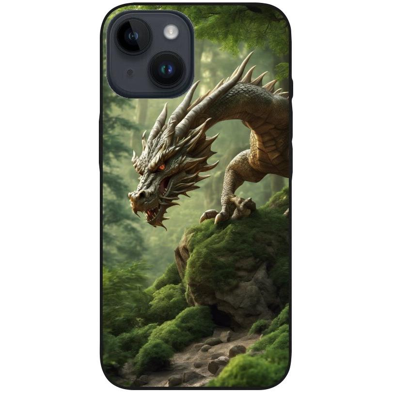 Hülle iPhone 14 - Silikonhülle schwarz mit Motiv 45 Drache Felsen grün - personalisierbar