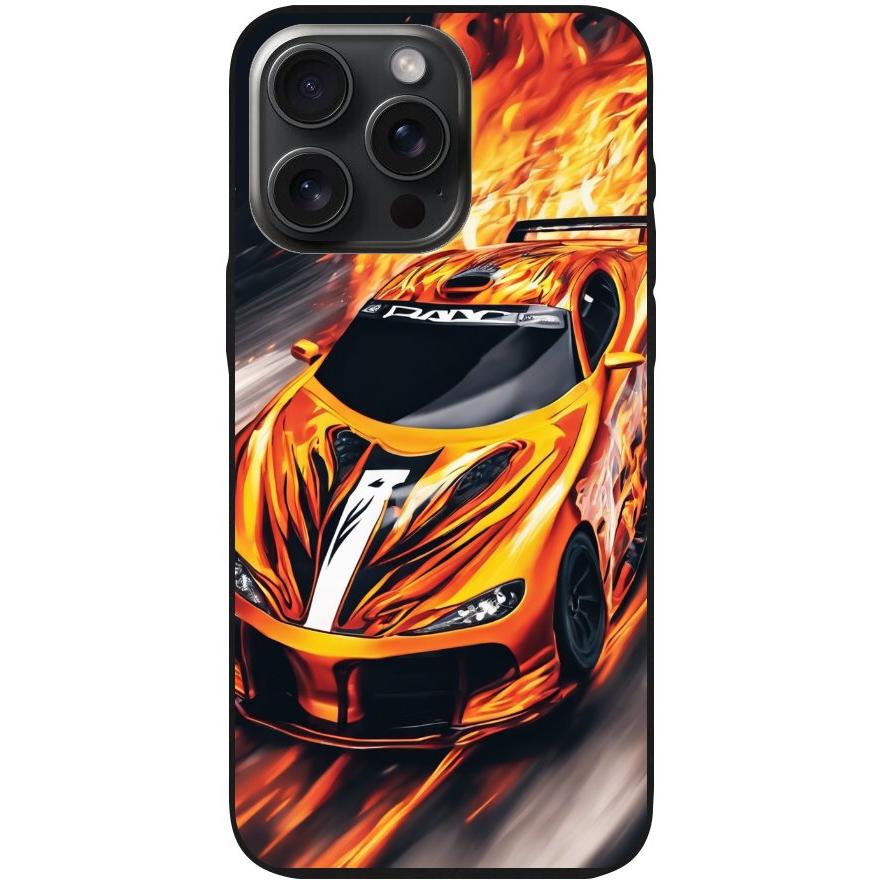 Handyhülle iPhone 15 Pro Max- Silikonhülle schwarz mit Motiv 47 Sportwagen in Flammen - personalisierbar