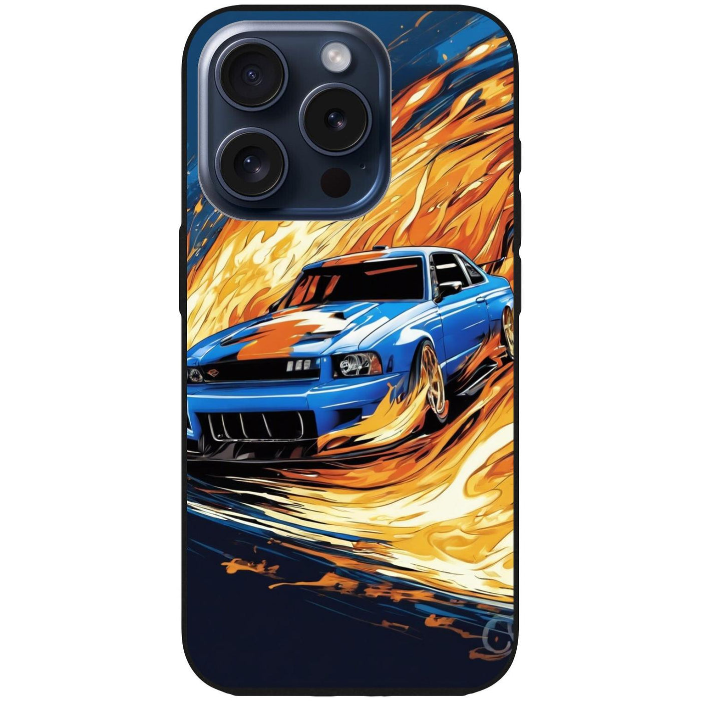 Handyhülle iPhone 15 Pro - Silikonhülle schwarz mit Motiv 15 blaues Auto in Flammen - personalisierbar