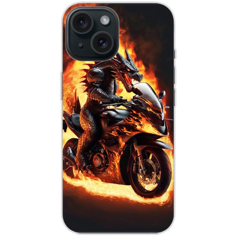 Handyhülle iPhone 15 aus transparentem Silikon mit Motiv 24 Drache auf Motorrad - personalisierbar