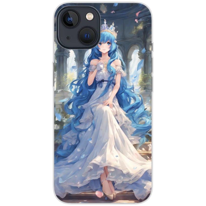 Handyhülle iPhone 13 aus transparentem Silikon mit Motiv 34 Anime blaue lange Haare - personalisierbar