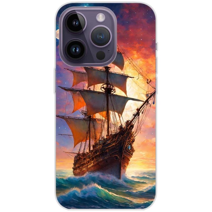 Handyhülle iPhone 14 Pro aus transparentem Silikon mit Motiv 43 Segelschiff - personalisierbar