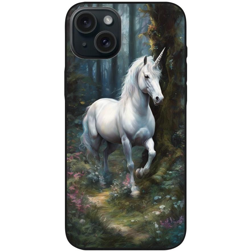 Handyhülle iPhone 15 Plus - Silikonhülle schwarz mit Motiv 44 Einhorn weiß - personalisierbar