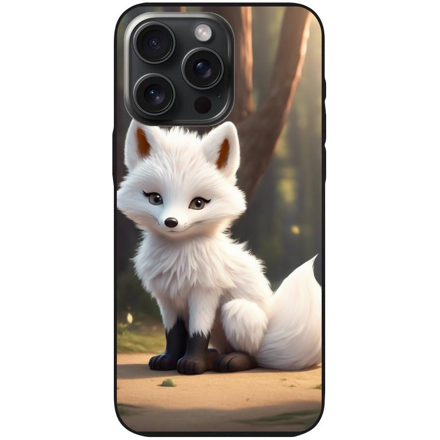 Handyhülle iPhone 15 Pro Max- Silikonhülle schwarz mit Motiv 16 weißer Fuchs animiert - personalisierbar