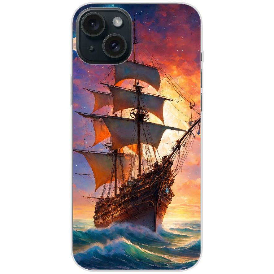 Handyhülle iPhone 15 Plus aus transparentem Silikon mit Motiv 43 Segelschiff - personalisierbar