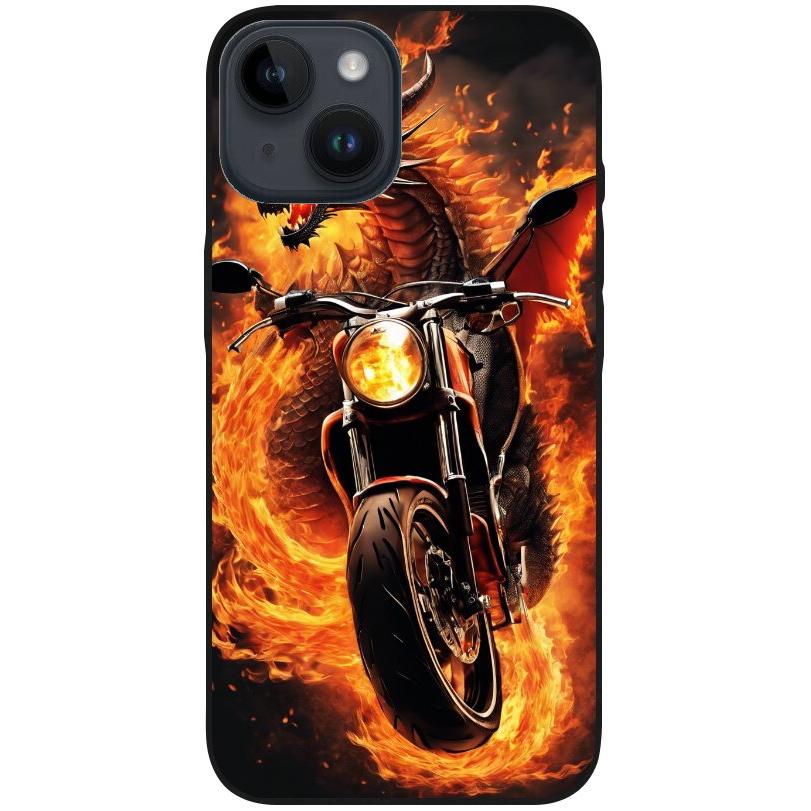 Hülle iPhone 14 - Silikonhülle schwarz mit Motiv 33 Feuerdrache auf Motorrad - personalisierbar