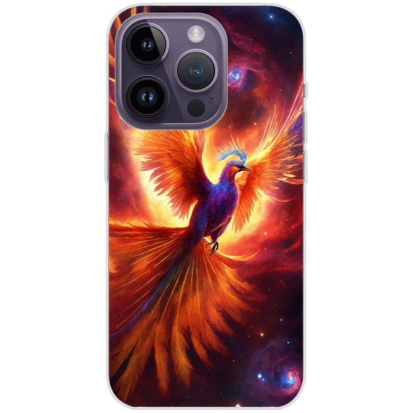 Handyhülle iPhone 14 Pro aus transparentem Silikon mit Motiv 35 Feuervogel - personalisierbar