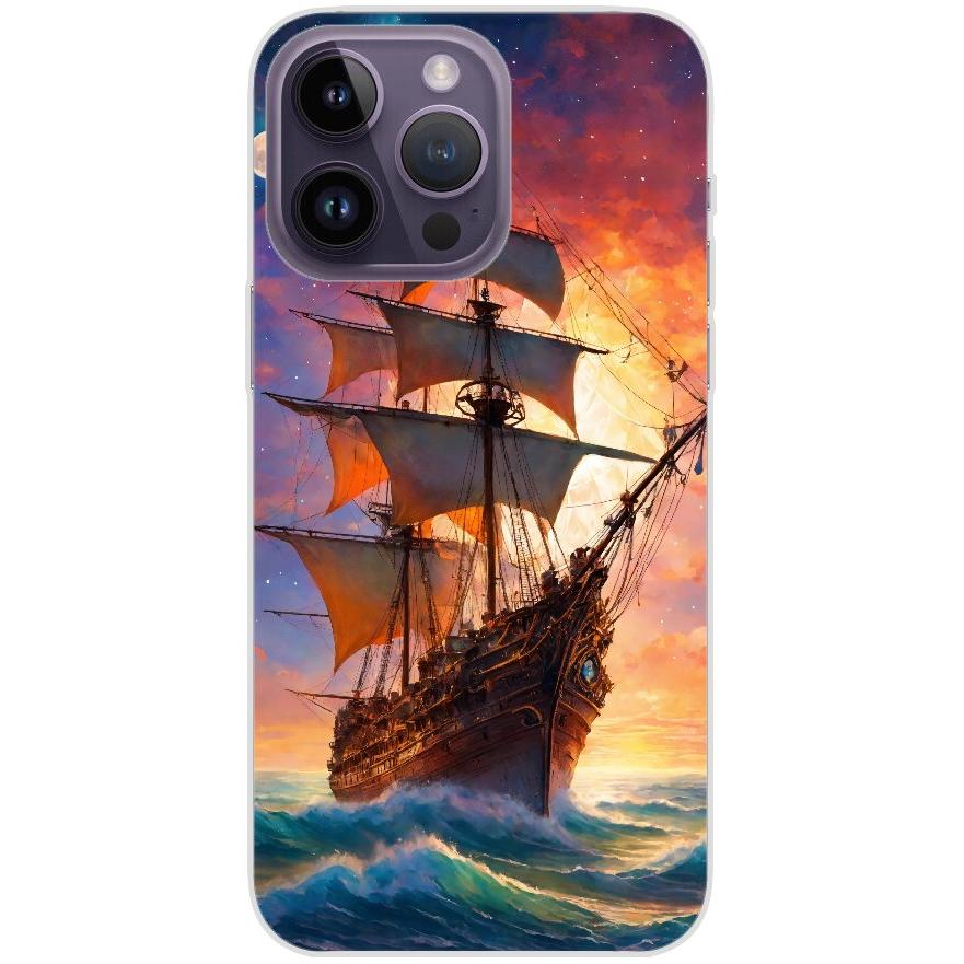 Handyhülle iPhone 14 Pro Max aus transparentem Silikon 43 Segelschiff - personalisierbar