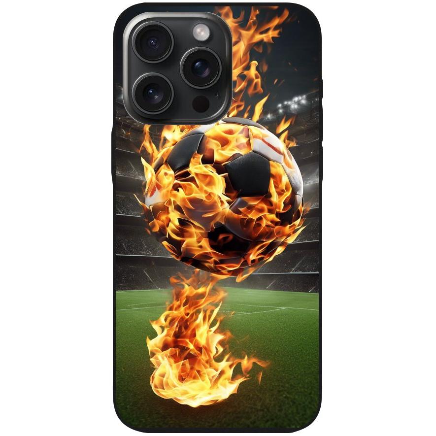 Handyhülle iPhone 15 Pro Max- Silikonhülle schwarz mit Motiv 38 Fußball in Flammen - personalisierbar