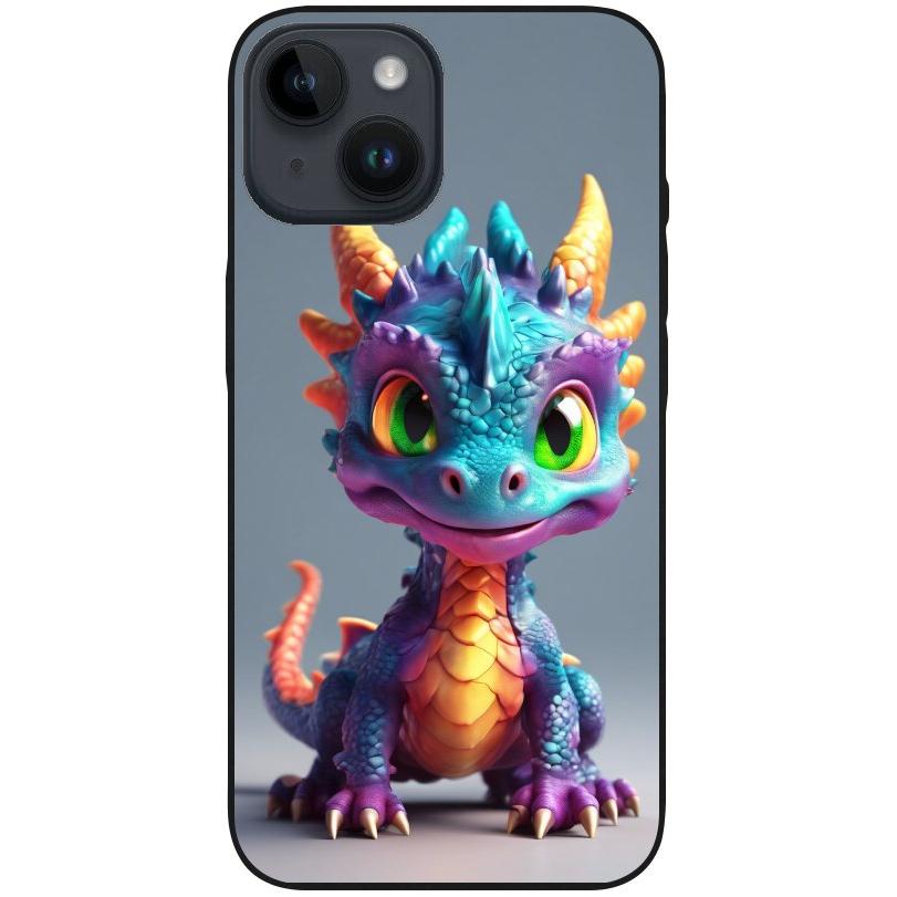 Hülle iPhone 14 - Silikonhülle schwarz mit Motiv 21 bunter Baby Drache - personalisierbar