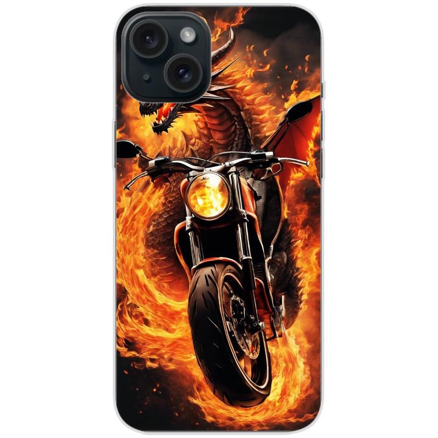 Handyhülle iPhone 15 Plus aus transparentem Silikon mit Motiv 33 Feuerdrache auf Motorrad - personalisierbar