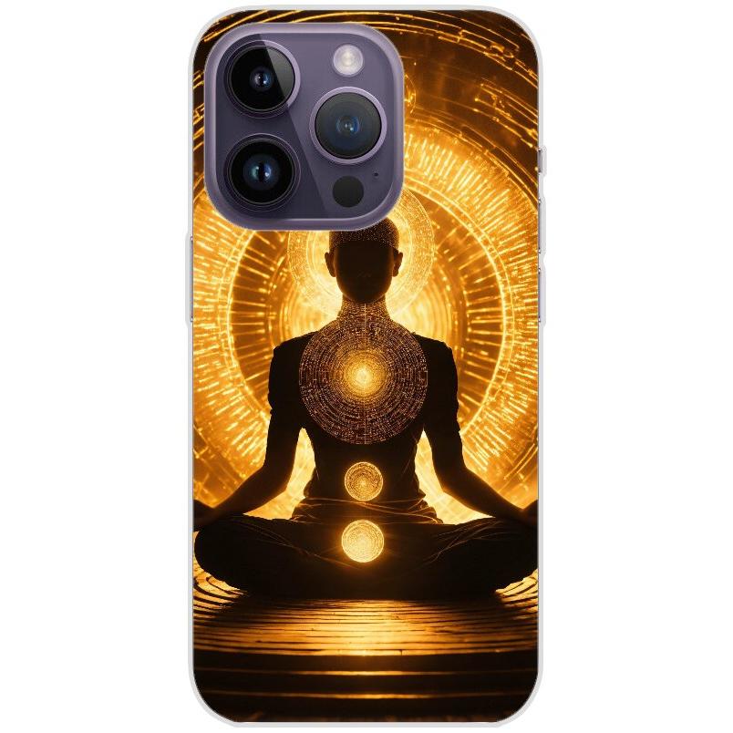 Handyhülle iPhone 14 Pro aus transparentem Silikon mit Motiv 32 Meditation - personalisierbar