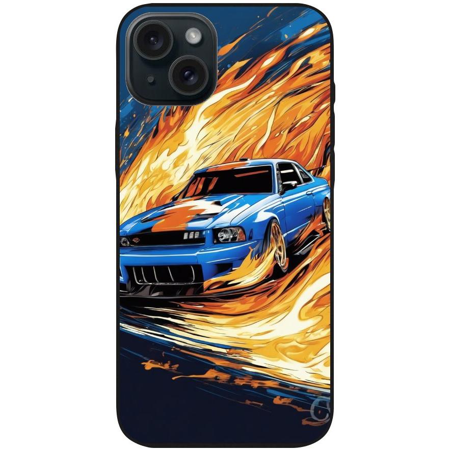 Handyhülle iPhone 15 Plus - Silikonhülle schwarz mit Motiv 15 blaues Auto in Flammen - personalisierbar