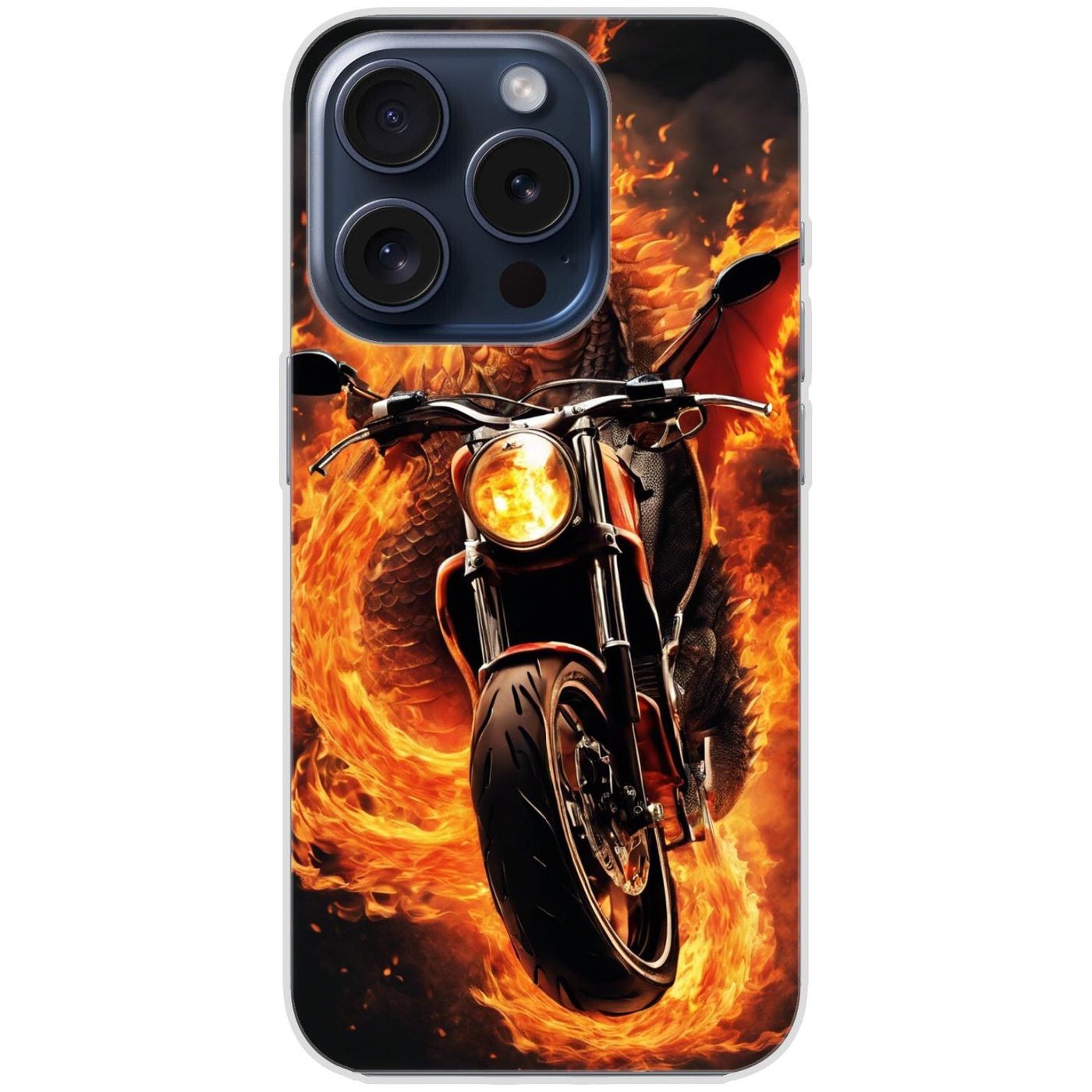 Handyhülle iPhone 15 Pro aus transparentem Silikon mit Motiv 33 Feuerdrache auf Motorrad - personalisierbar