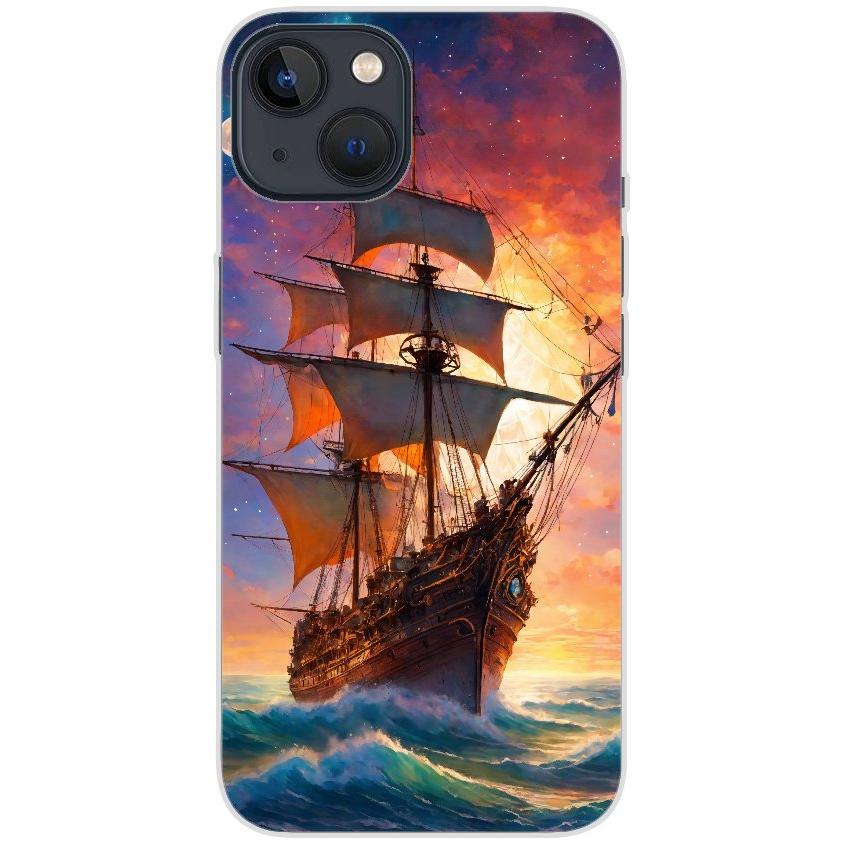 Handyhülle iPhone 13 aus transparentem Silikon mit Motiv 43 Segelschiff - personalisierbar