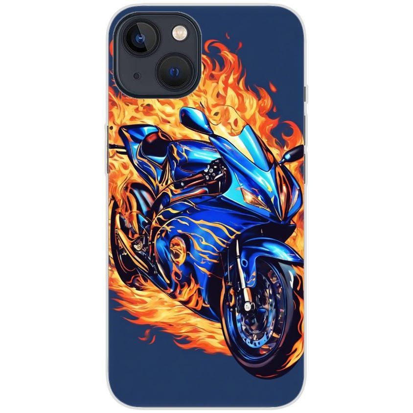 Handyhülle iPhone 13 aus transparentem Silikon mit Motiv 2 Motorrad in Flammen - personalisierbar