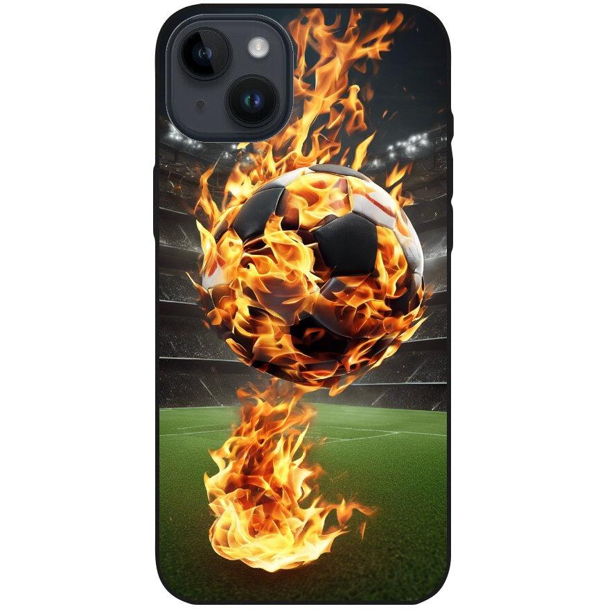 Hülle iPhone 14 Plus - Silikonhülle schwarz mit Motiv 38 Fußball in Flammen - personalisierbar