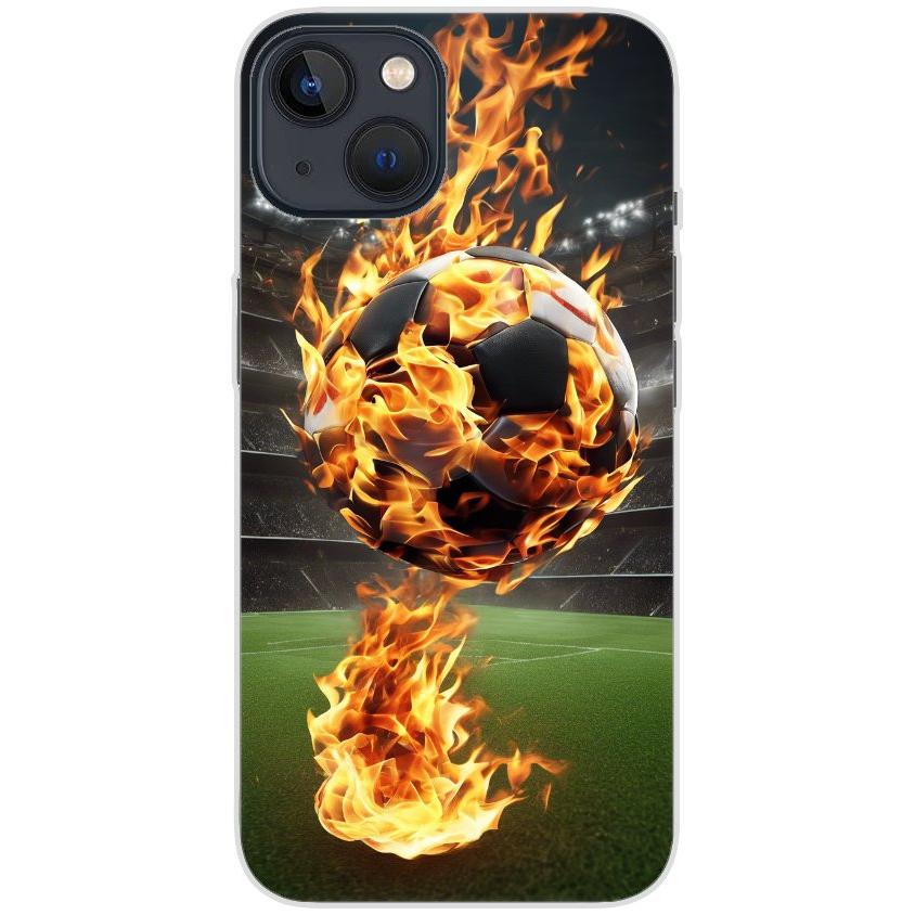 Handyhülle iPhone 13 aus transparentem Silikon mit Motiv 38 Fußball in Flammen - personalisierbar