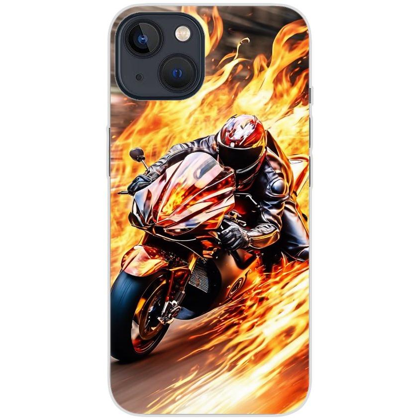 Handyhülle iPhone 13 aus transparentem Silikon mit Motiv 14 Motorradfahrer in Flammen - personalisierbar