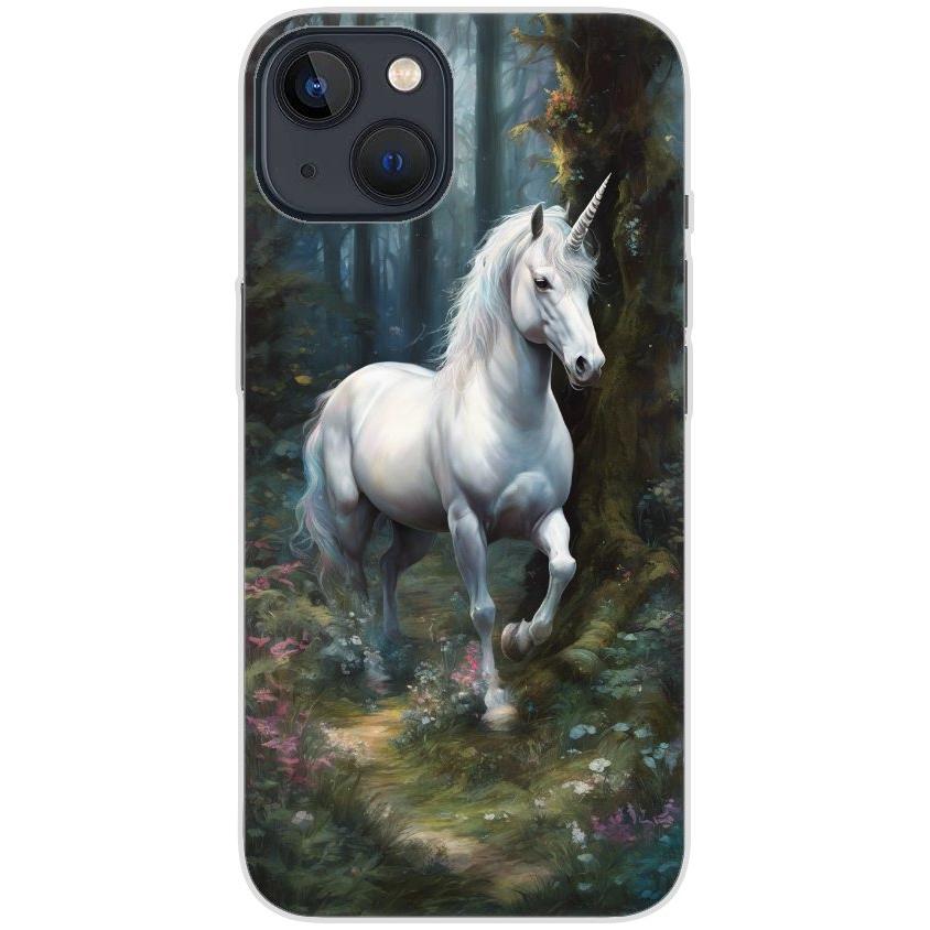 Handyhülle iPhone 13 aus transparentem Silikon mit Motiv 44 Einhorn weiß - personalisierbar