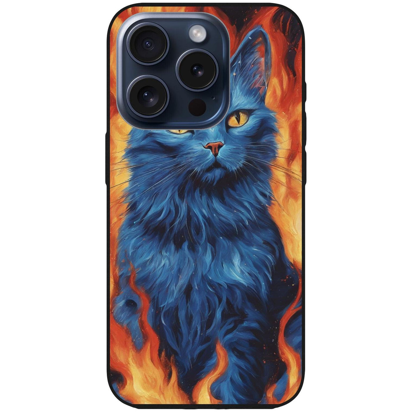 Handyhülle iPhone 15 Pro - Silikonhülle schwarz mit Motiv 7 blaue Katze in Flammen - personalisierbar