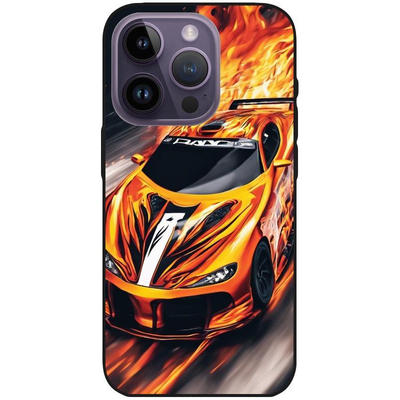 Hülle iPhone 14 Pro - Silikonhülle schwarz mit Motiv 47 Sportwagen in Flammen - personalisierbar