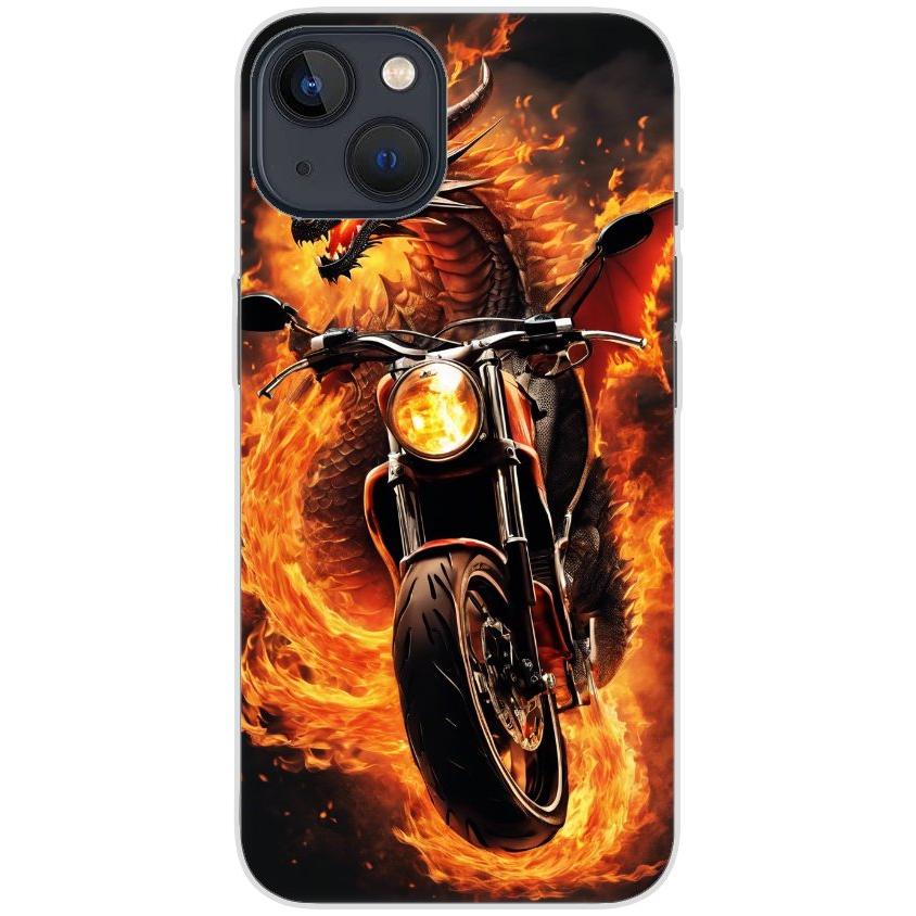 Handyhülle iPhone 13 aus transparentem Silikon mit Motiv 33 Feuerdrache auf Motorrad - personalisierbar