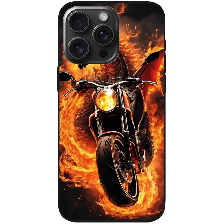 Handyhülle iPhone 15 Pro Max- Silikonhülle schwarz mit Motiv 33 Feuerdrache auf Motorrad - personalisierbar